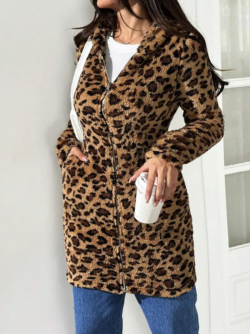 Lady-style elegant leopard print hooded jacket