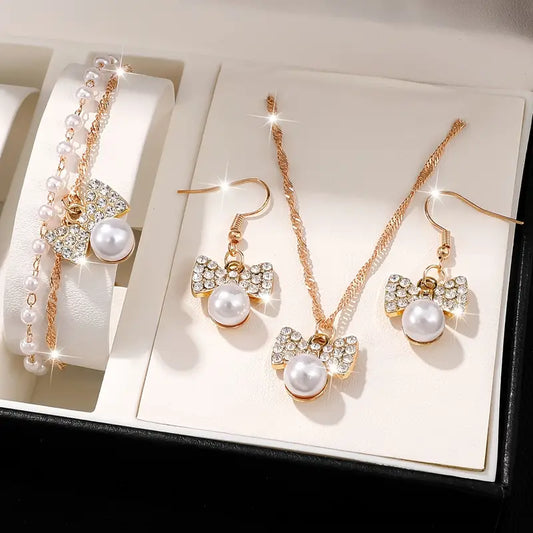 4pcs Luxury Women'S Imitation Pearl White Inlaid Jewelry Set,