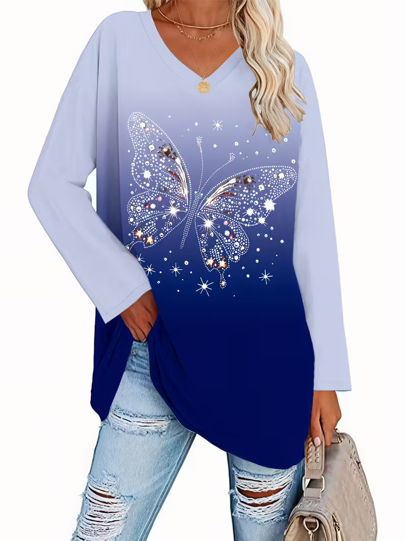 Plus Size Women'S Elegant Butterfly Print V-Neck Long Sleeve T-Shirt