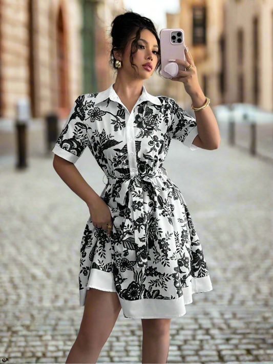 Elegant Floral Print Belted Shirt Dress – Short Sleeve Waist-Tie Summer Dresses
