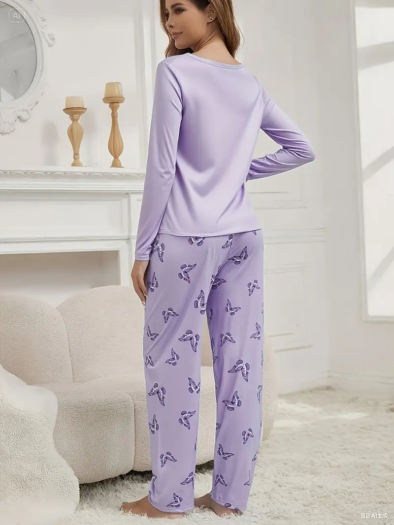 Women'S Blue Butterfly Print Long Sleeve Pajama Set