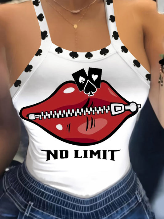 Off-Shoulder "No Limit" Red Lips Graphic Tank Top