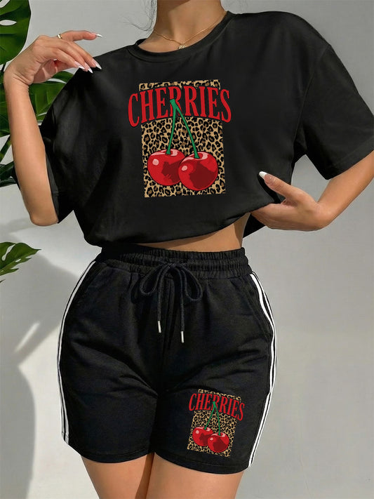 T-Shirt And Shorts Set with a Casual Letter Pattern And Cherry Print