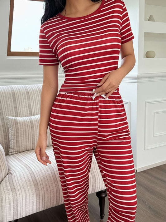 Ladies' Red and White Striped Crew Neck Short Sleeve Top and Long Pants Pajama Set
