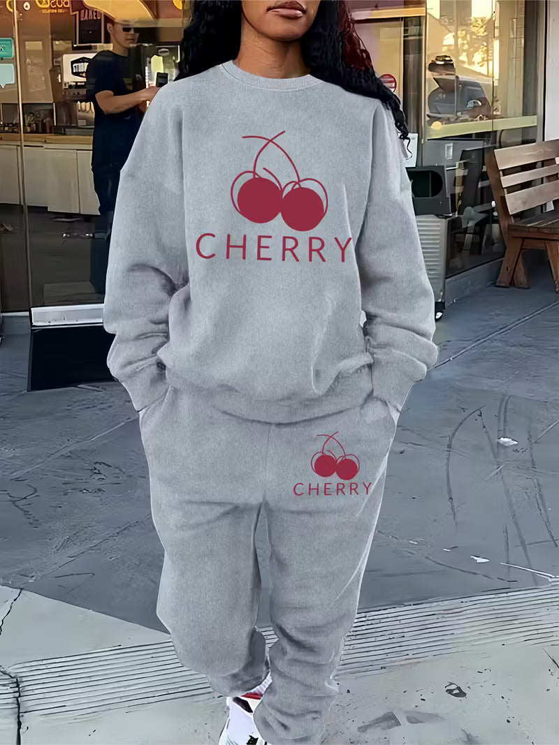 Cherry Print Women'S Casual Tracksuit