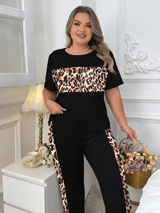 Women's Plus Size 2pcs Leopard Print Pajama Set