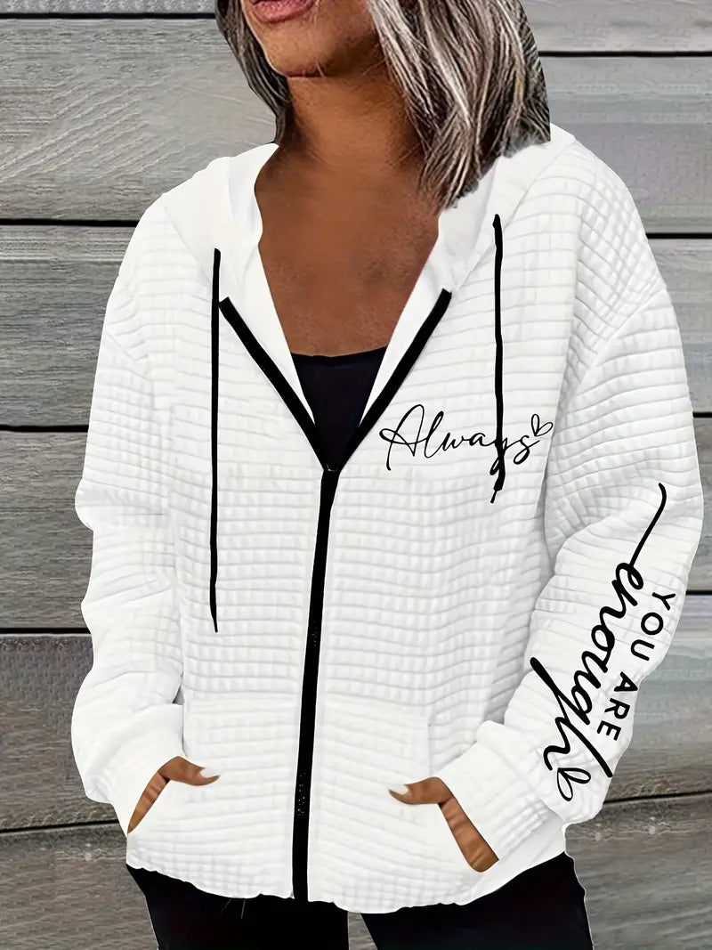 Letter Print Zipper Dual Pockets Hoodie,