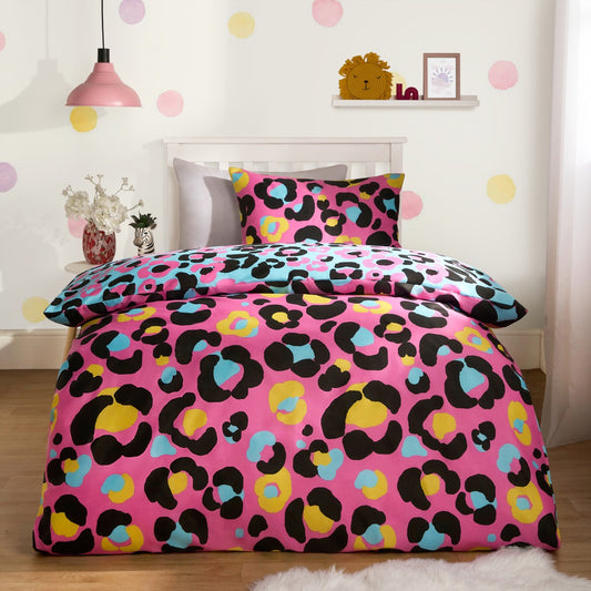 Abstract Neon Leopard Print Reversible Duvet Set pink