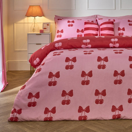 Cherry Bow Print Reversible Duvet Cover Set - Pink/Red