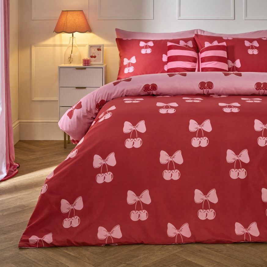 Cherry Bow Print Reversible Duvet Cover Set - Pink/Red