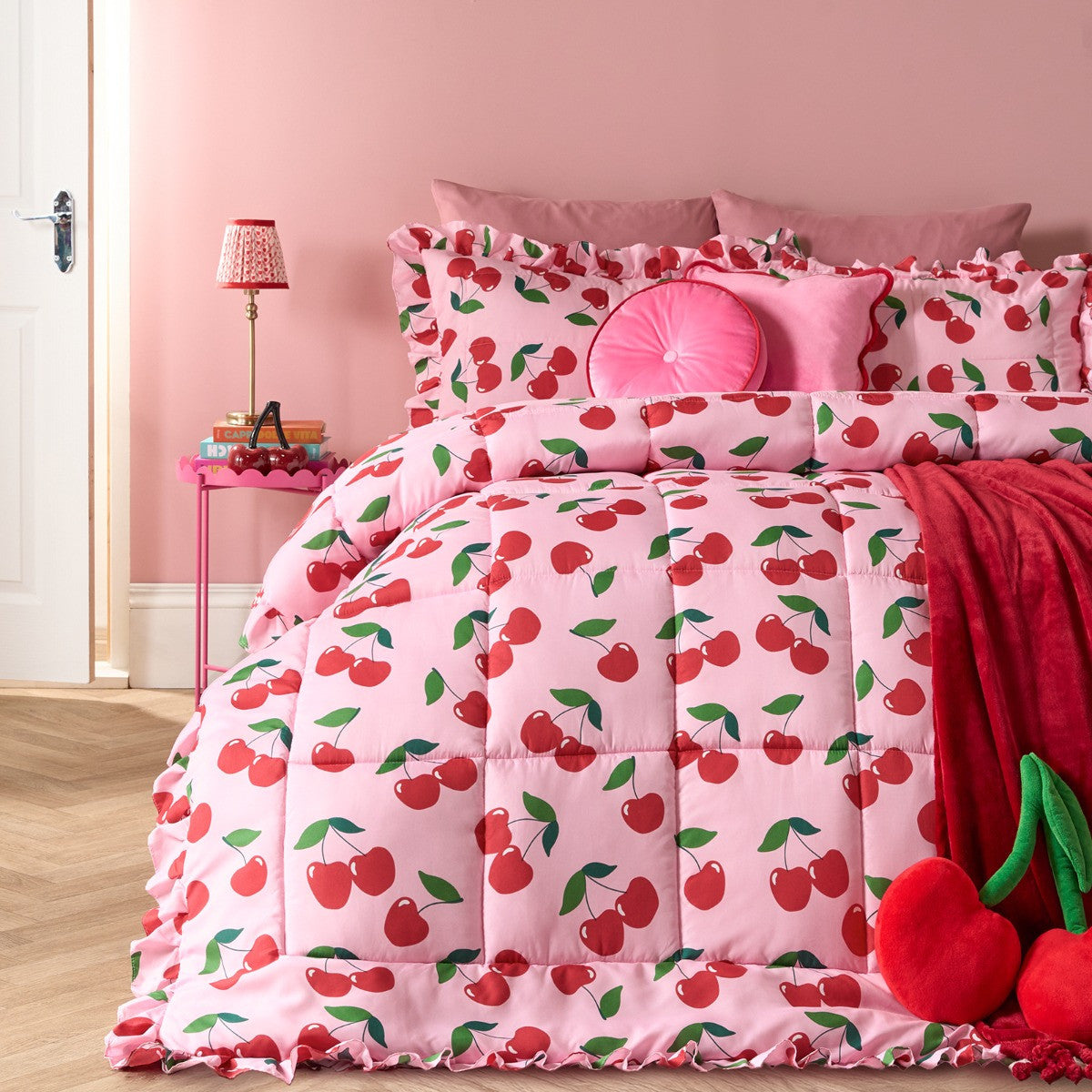 Cherry Print Frill Edge Coverless 7.5 Tog Duvet Set - Pink/Red