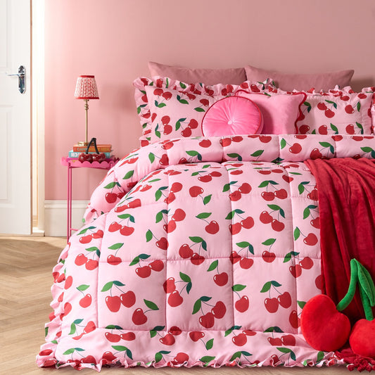 Cherry Print Frill Edge Coverless 7.5 Tog Duvet Set - Pink/Red