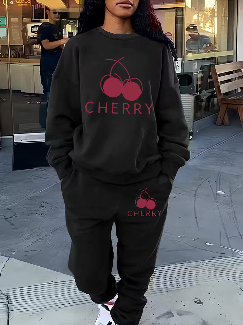 Cherry Print Women'S Casual Tracksuit