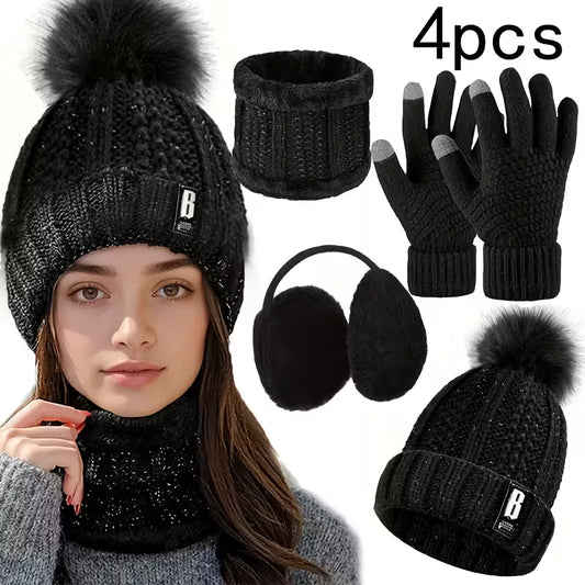 4pcs Women'S Winter Black Hat & Scarf Set