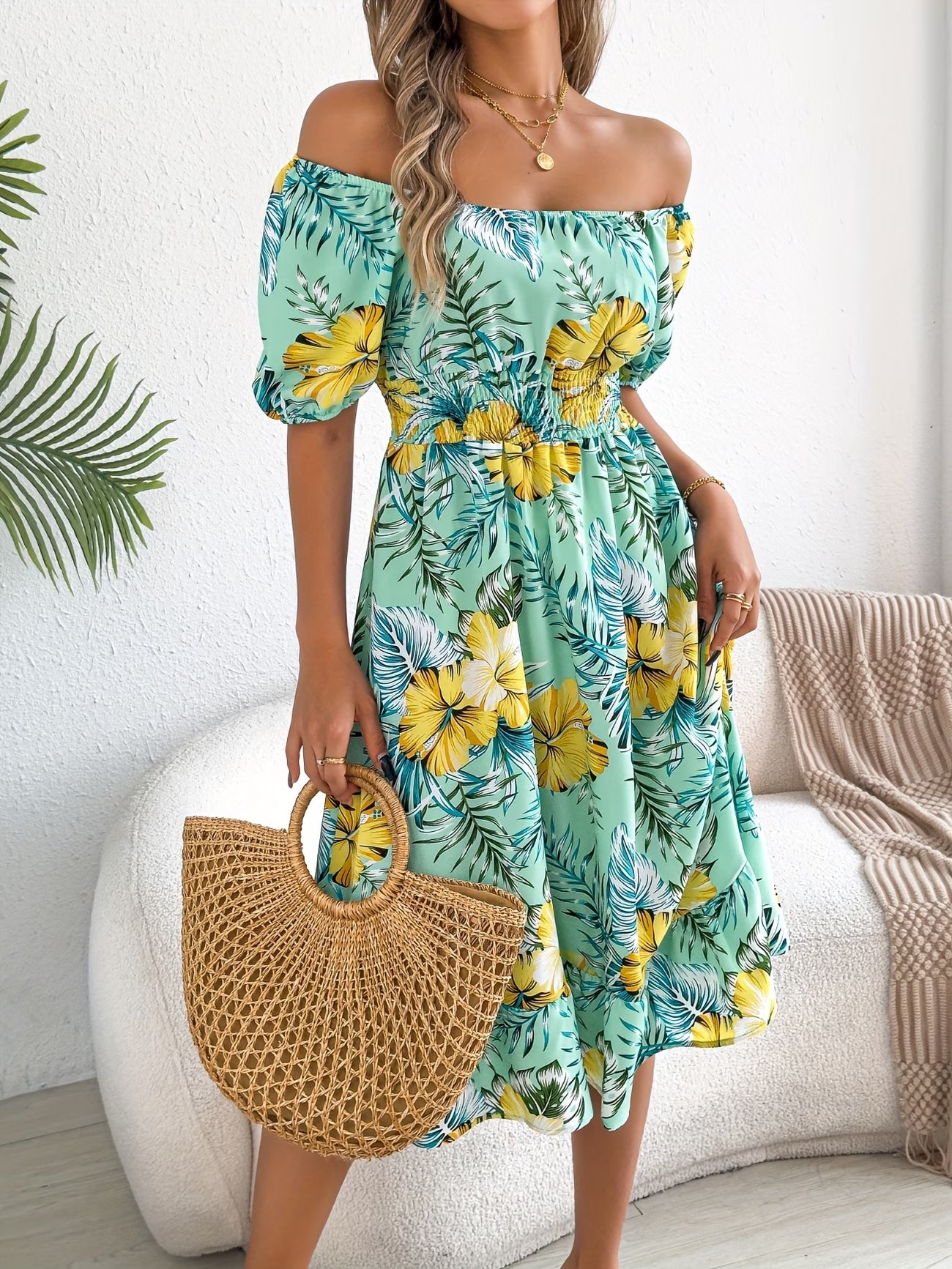 Floral Short-Sleeve Square-Neck Waist-Tied Dress