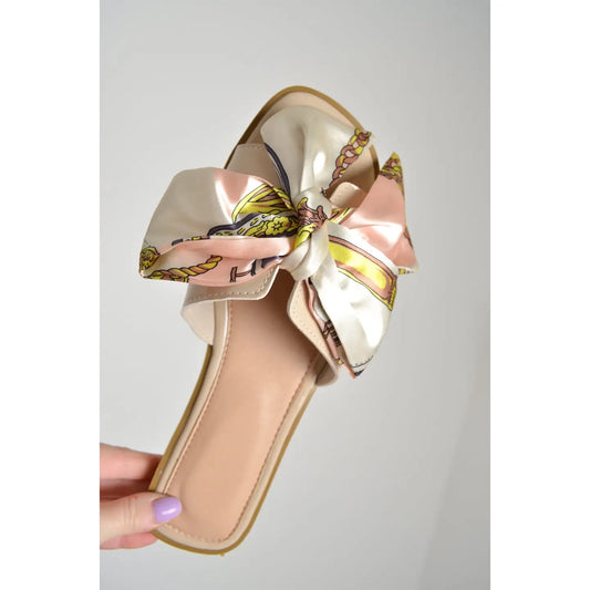 Nude Patent Scarf Print Bow Slider Sandals | Women’s Flat Summer Sliders | Sizes 3–8