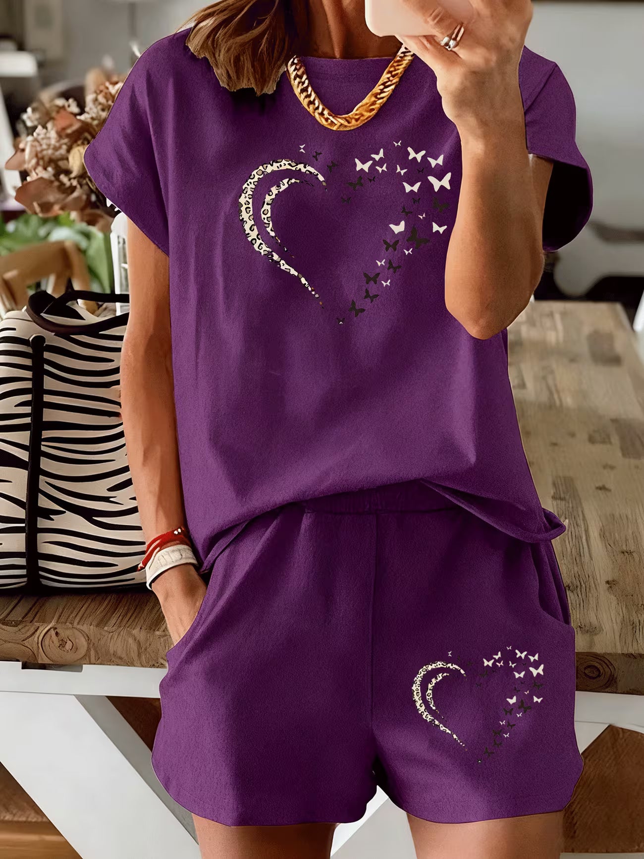 Women's Heart & Butterfly Print Co-Ord Set — Available in Multiple Colours