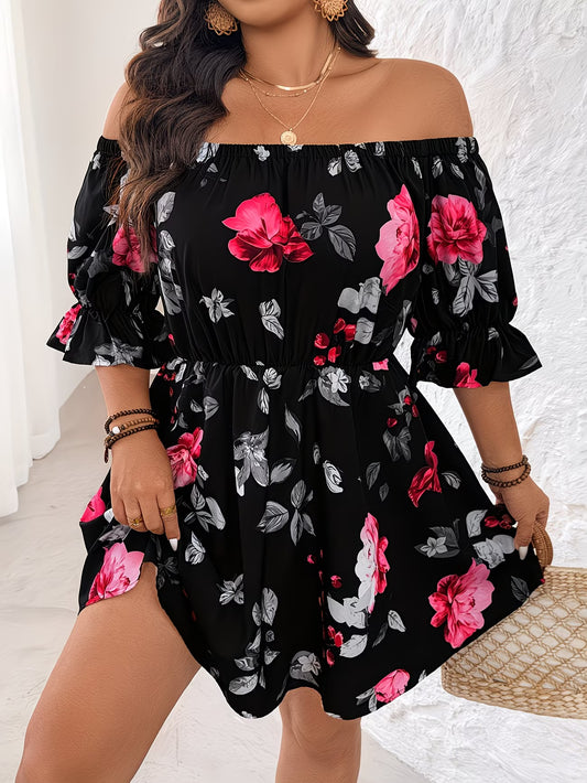 Plus Size Women'S Floral Print Off-Shoulder Bardot Romantic Dress