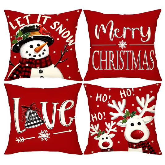 4pcs Red Christmas Throw Pillow Covers with Snowman & Reindeer Designs