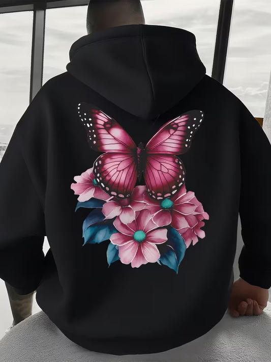 Men's Fleece-Lined Butterfly Print Hooded Sweatshirt