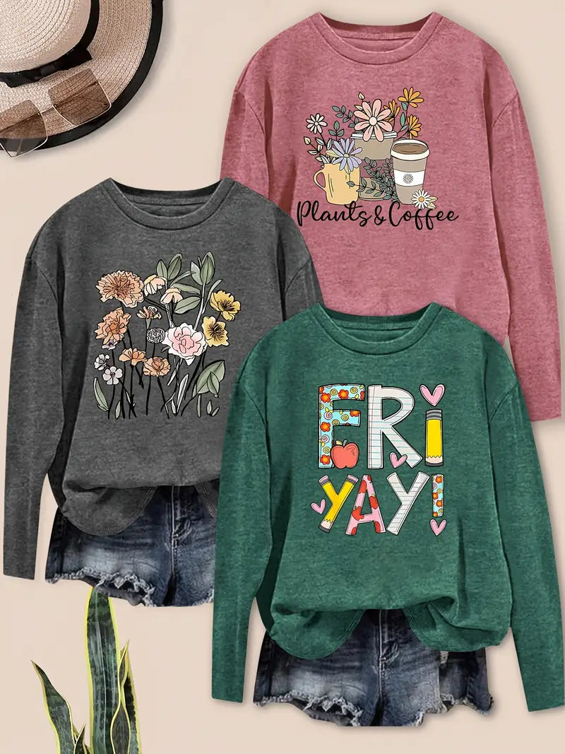 3pcs Women'S Vintage Floral & Heart Print Long Sleeve T-Shirts