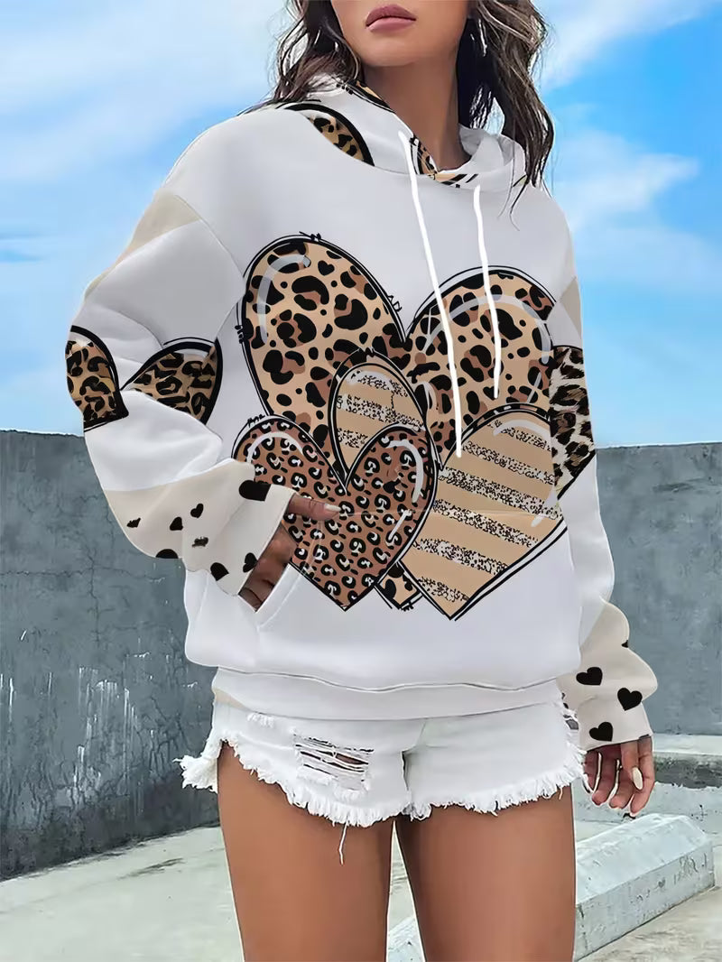 Women'S White & Beige Leopard Print Hooded