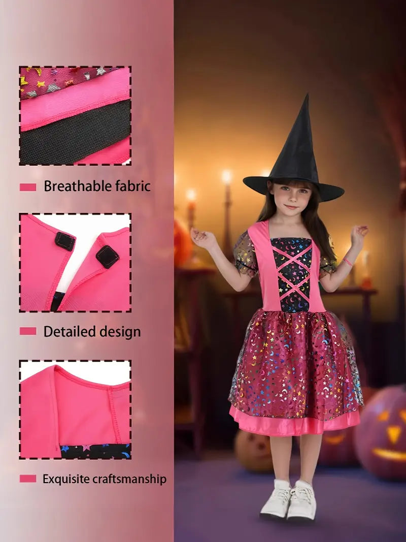2pcs Enchanting Witch-Style Pink & Black Dress Set