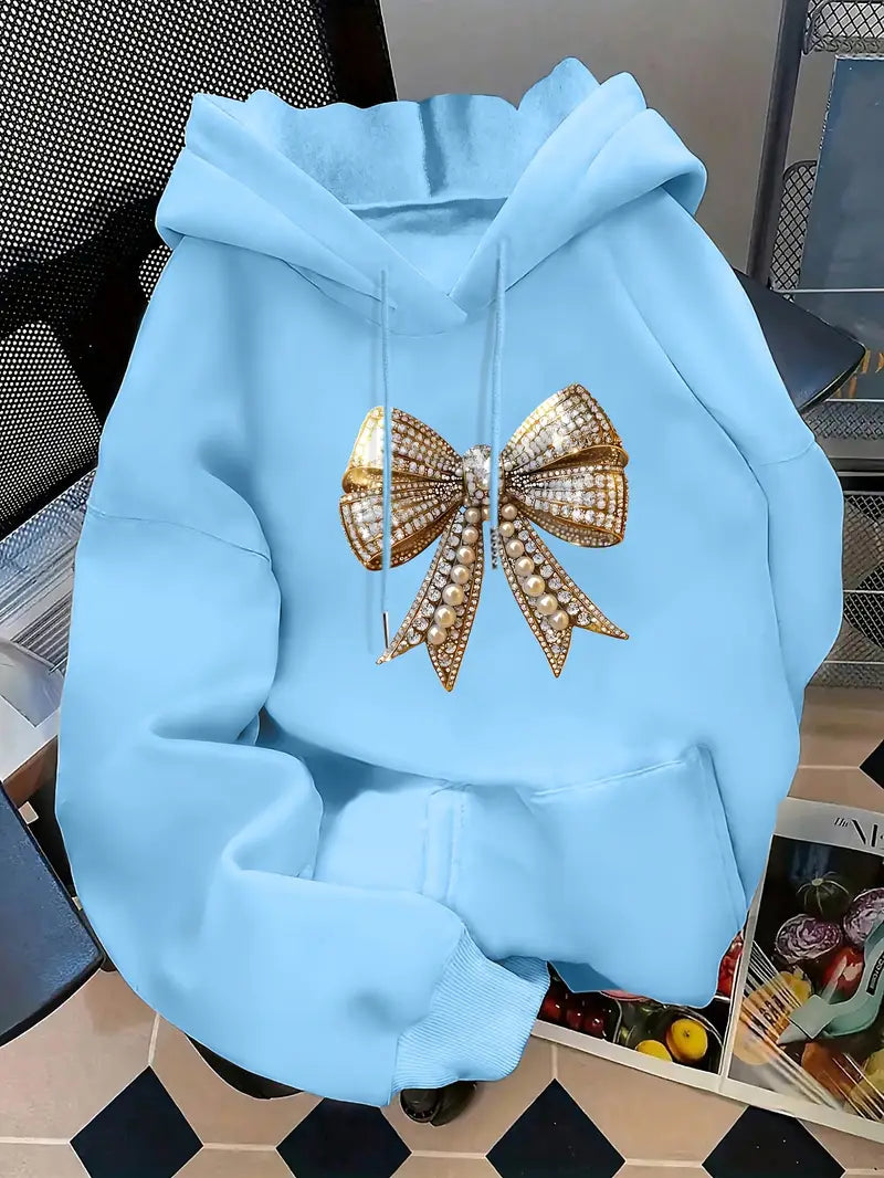 Hoodie with Golden Pearl & Bow Print,