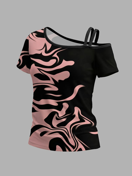 Women's Pink & Black Liquid Suitable for Dating Asymmetrical One-Shoulder T-Shirt