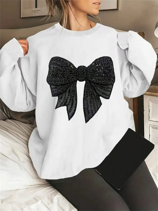Women'S Casual Long-Sleeve Sweater with Sparkling Bow Print