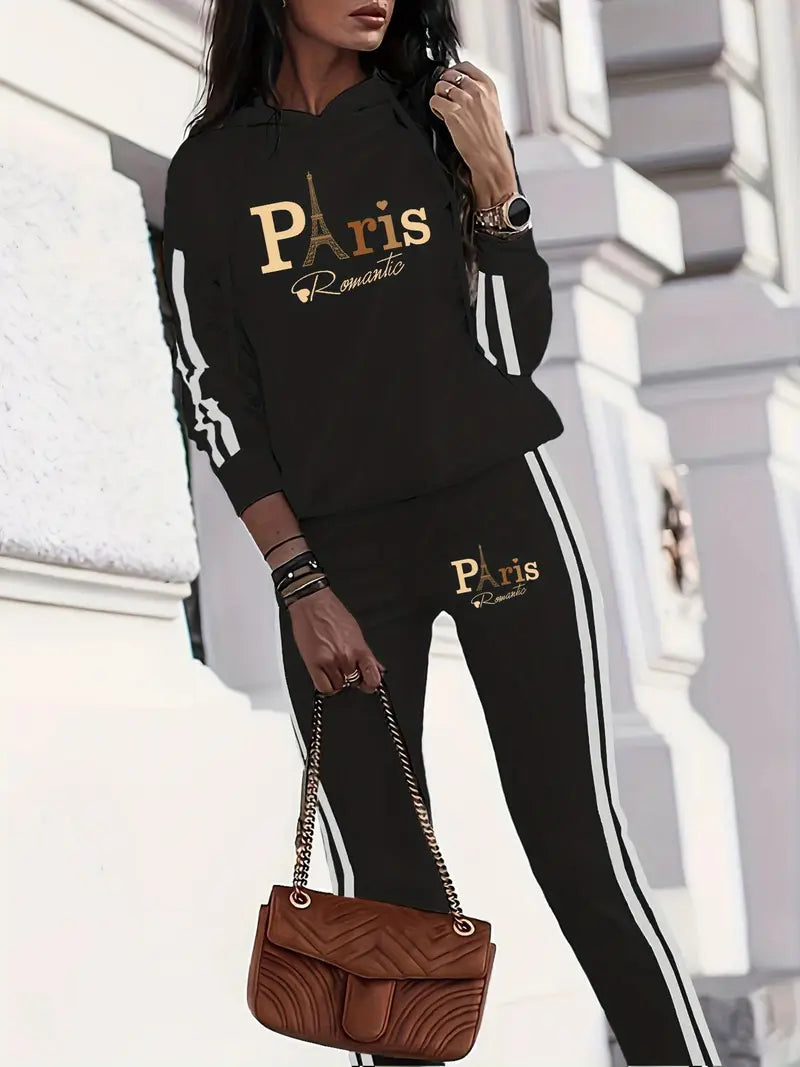 Women'S Fashionable Casual Vacation Hooded Suit with Printed Long Sleeves And Trousers.