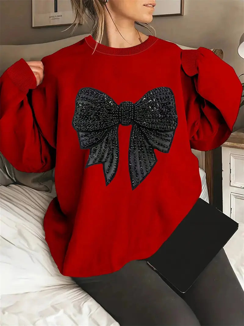 Women'S Casual Long-Sleeve Sweater with Sparkling Bow Print