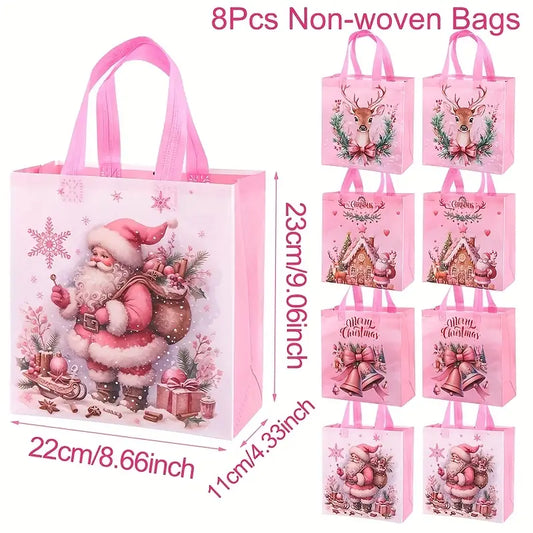 /8pcs Pink Christmas Tote Bags with Handles,
