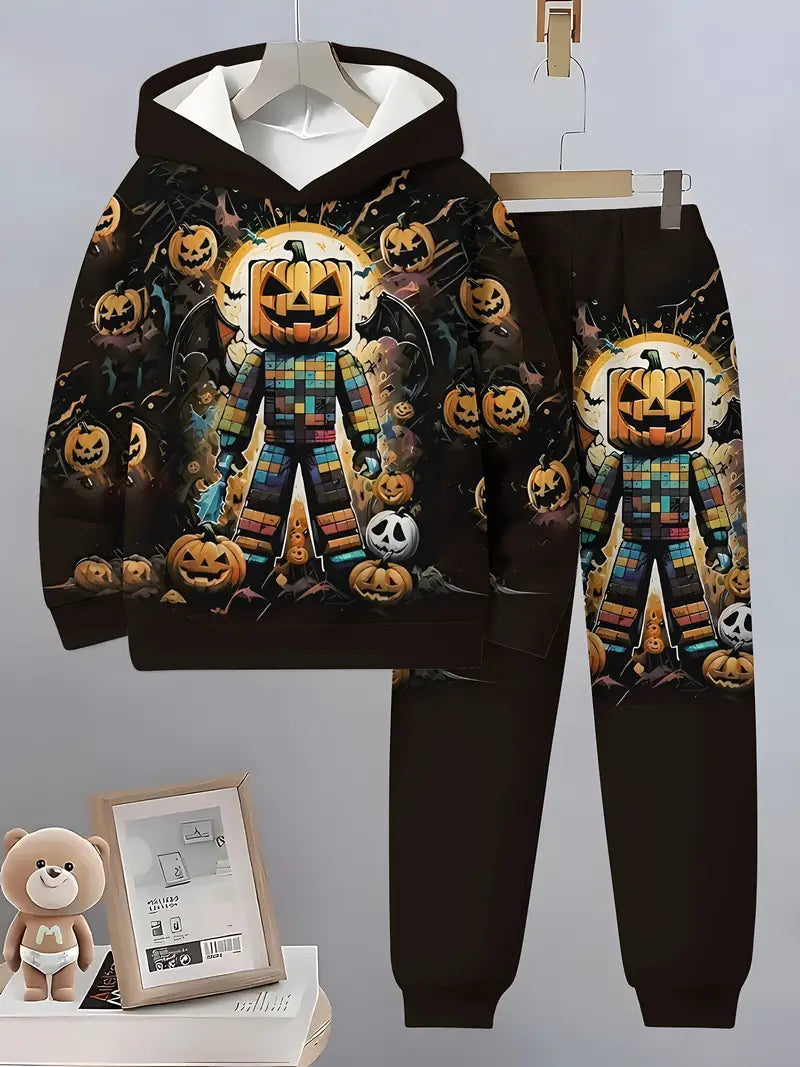 Boys' 3D Halloween Scary Pumpkin Hooded Tracksuit