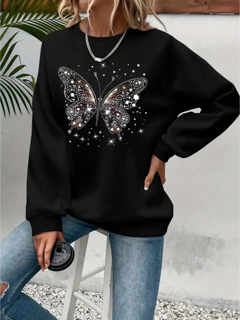 Women'S Cozy Pink Butterfly Print Sweatshirt