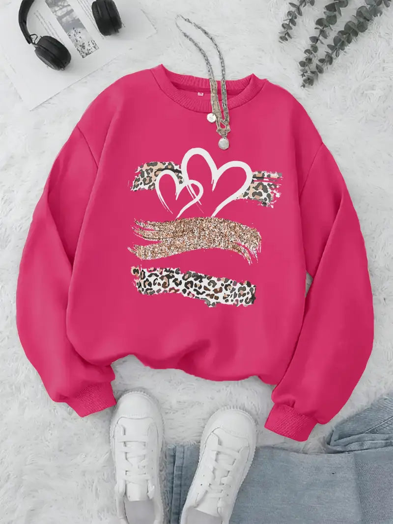 Trendy Oversized sweater  with Heart & Leopard Print -