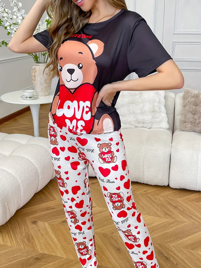 Bear and Love Printed Short sleeved Pants Women's Pajama Set
