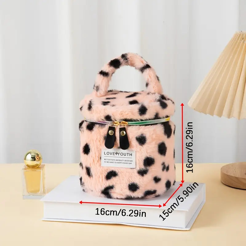 New Winter Plush Leopard Print Round Tote Cosmetic Bag
