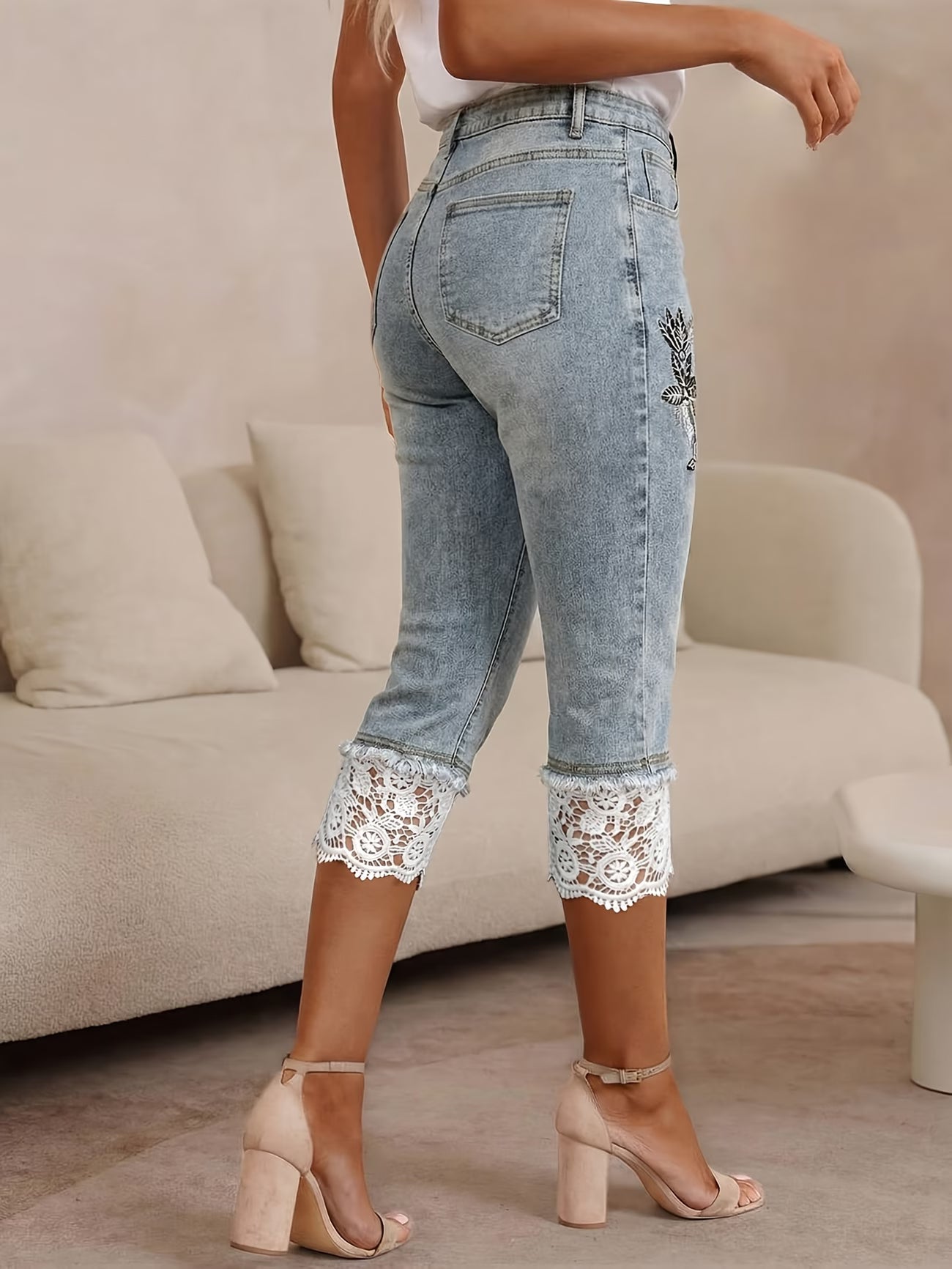 Women's High-Waisted Embroidered Lace Trim Denim Capri Pants | Frayed Hem