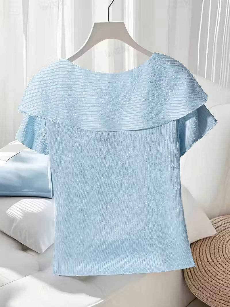Women'S Light Blue Striped Crop Top with Bow Detail