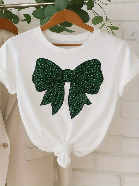 Women's Green Glitter Bow Print Short Sleeve T-Shirt