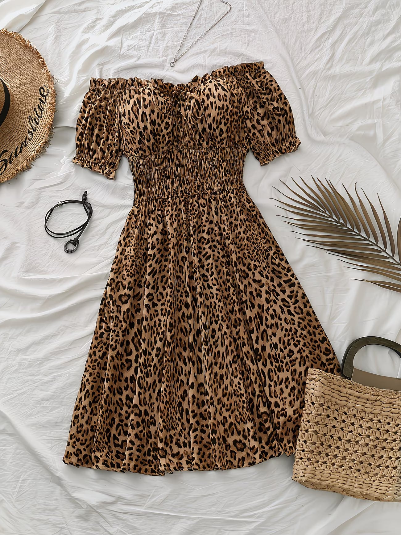 Plus Size Leopard Print Off-Shoulder Women's Dress, Stretch Waist Desi ...