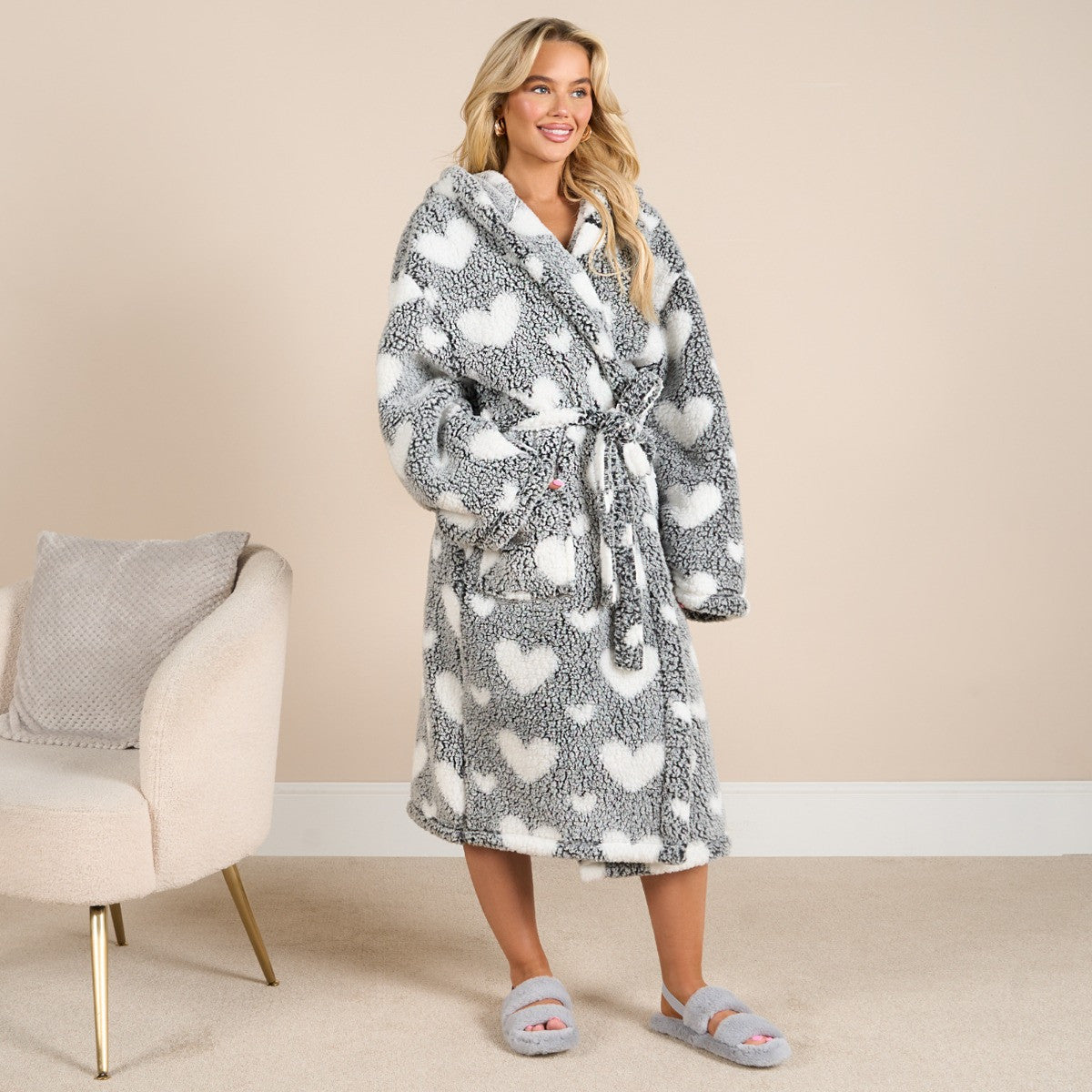 Heart Print Teddy Marl Dressing Gown, Adults