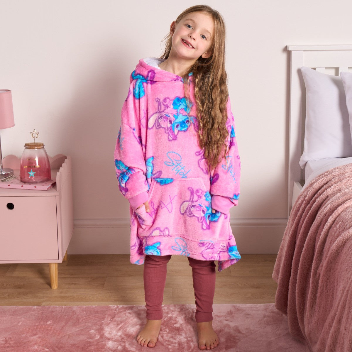 Kids Stitch & Angel Novelty Sherpa Hoodie Blanket - Pink