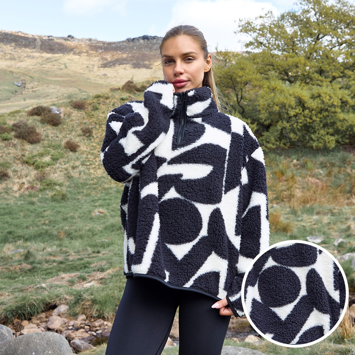 Teddy Abstract Leopard Print Half Zip Fleece