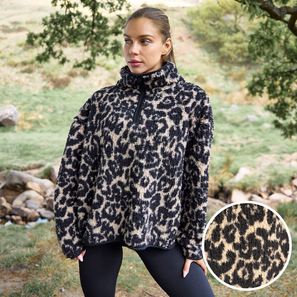 Teddy Abstract Leopard Print Half Zip Fleece