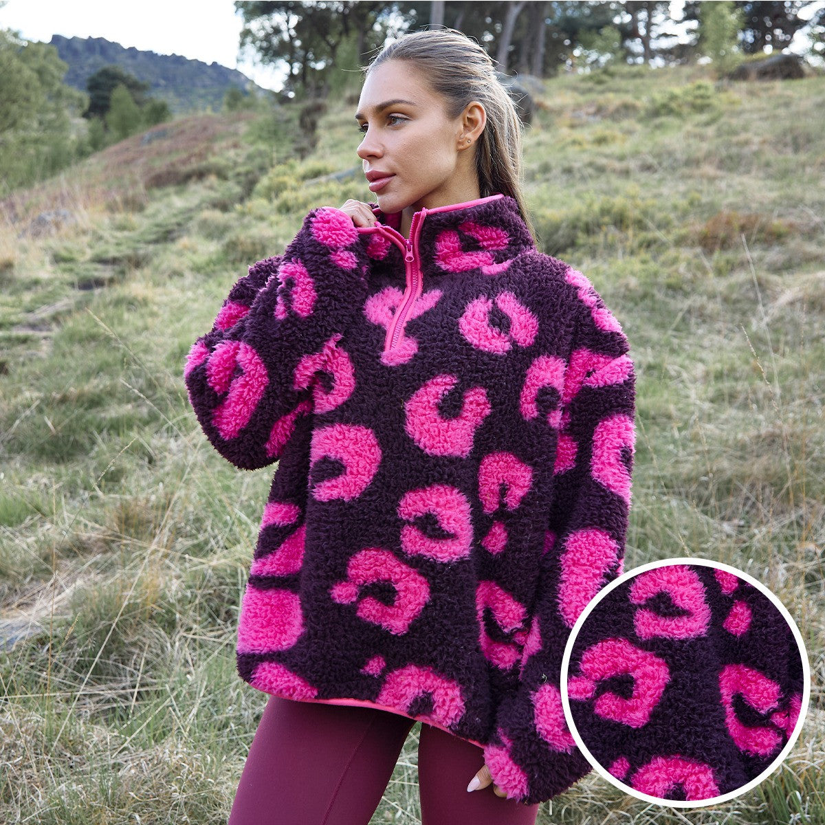 Teddy Abstract Leopard Print Half Zip Fleece