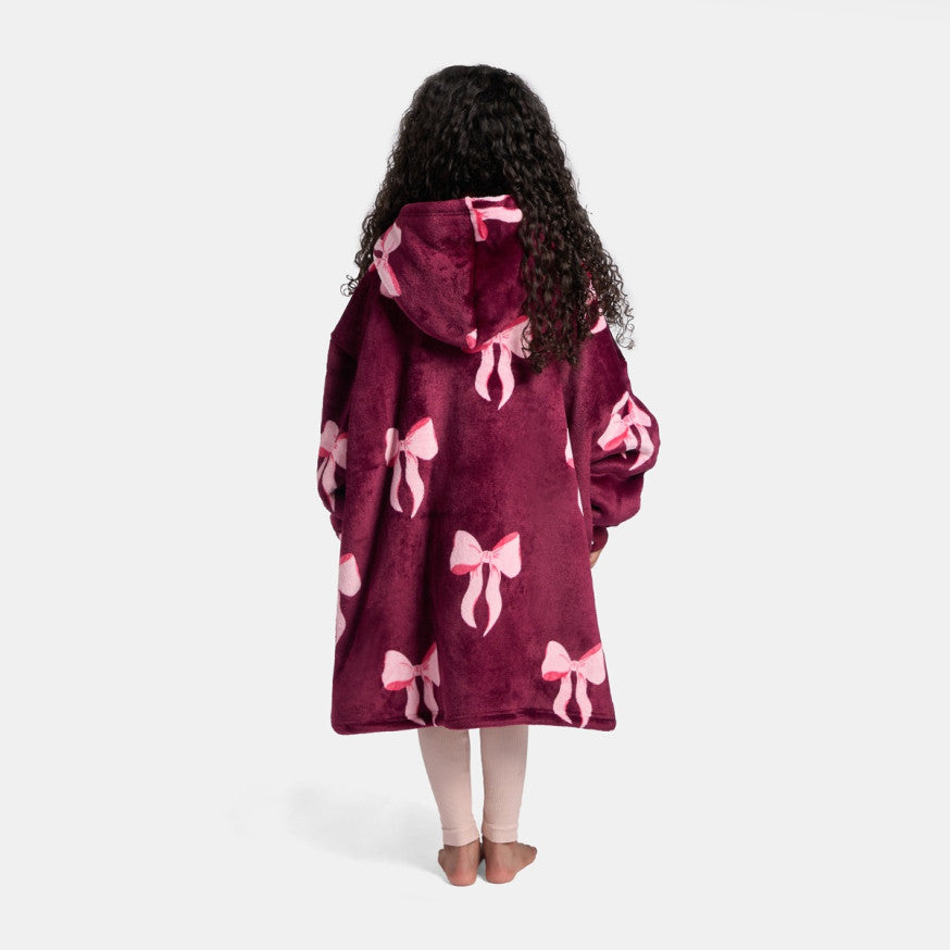 Kids Bow Print Hoodie Blanket - Burgundy/Pink