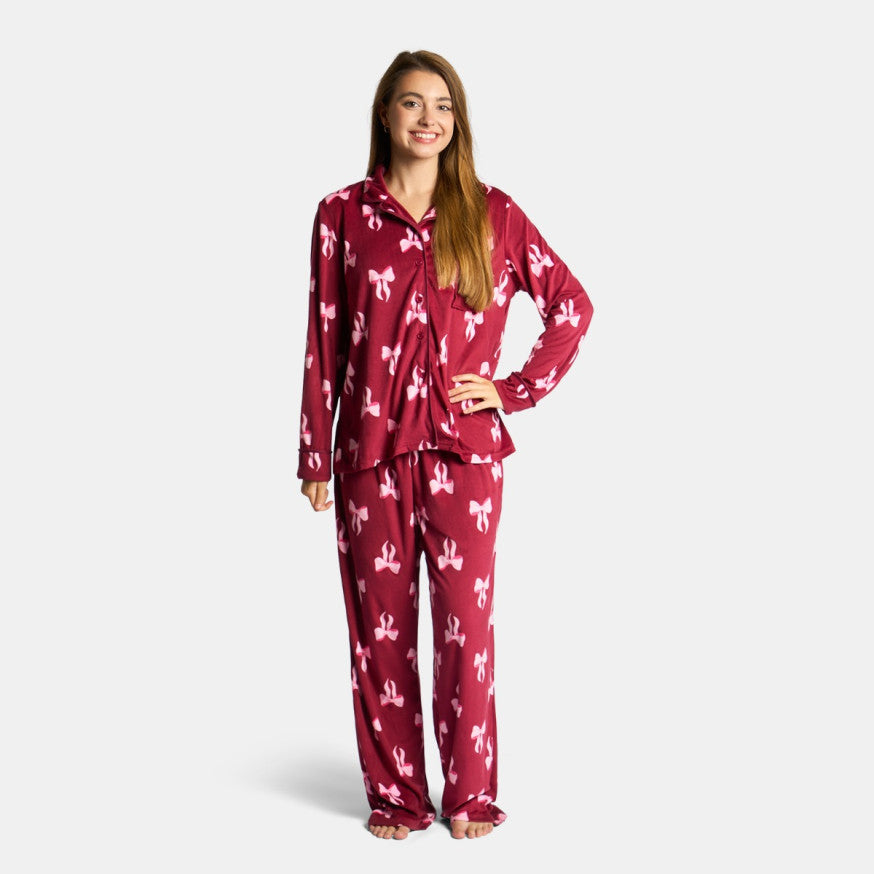 Pink Bow Button Through Pyjama Set - Burgundy