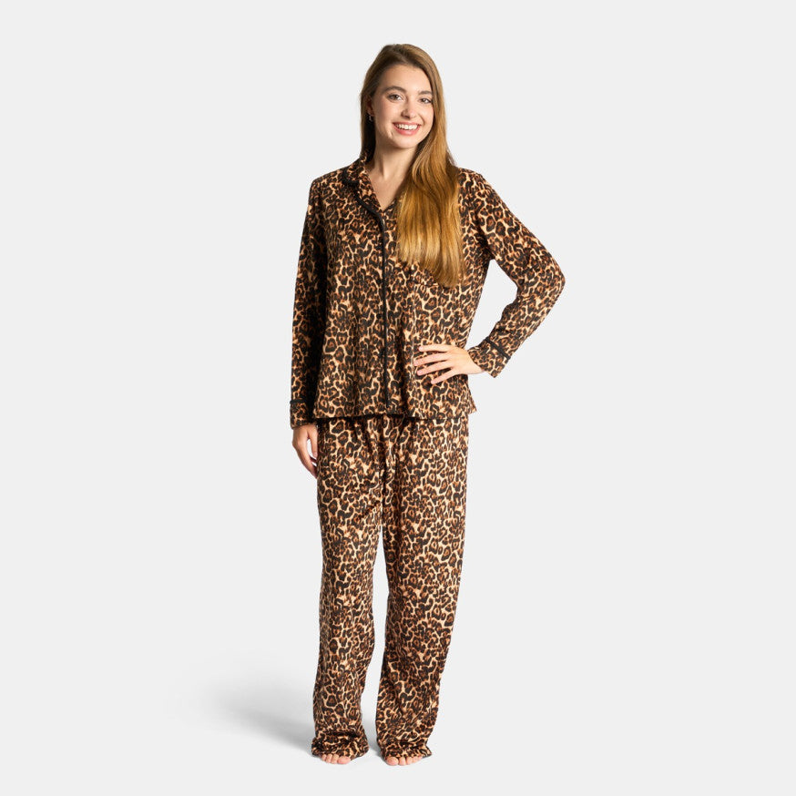 Leopard Print Button Through Pyjama Set - Natural